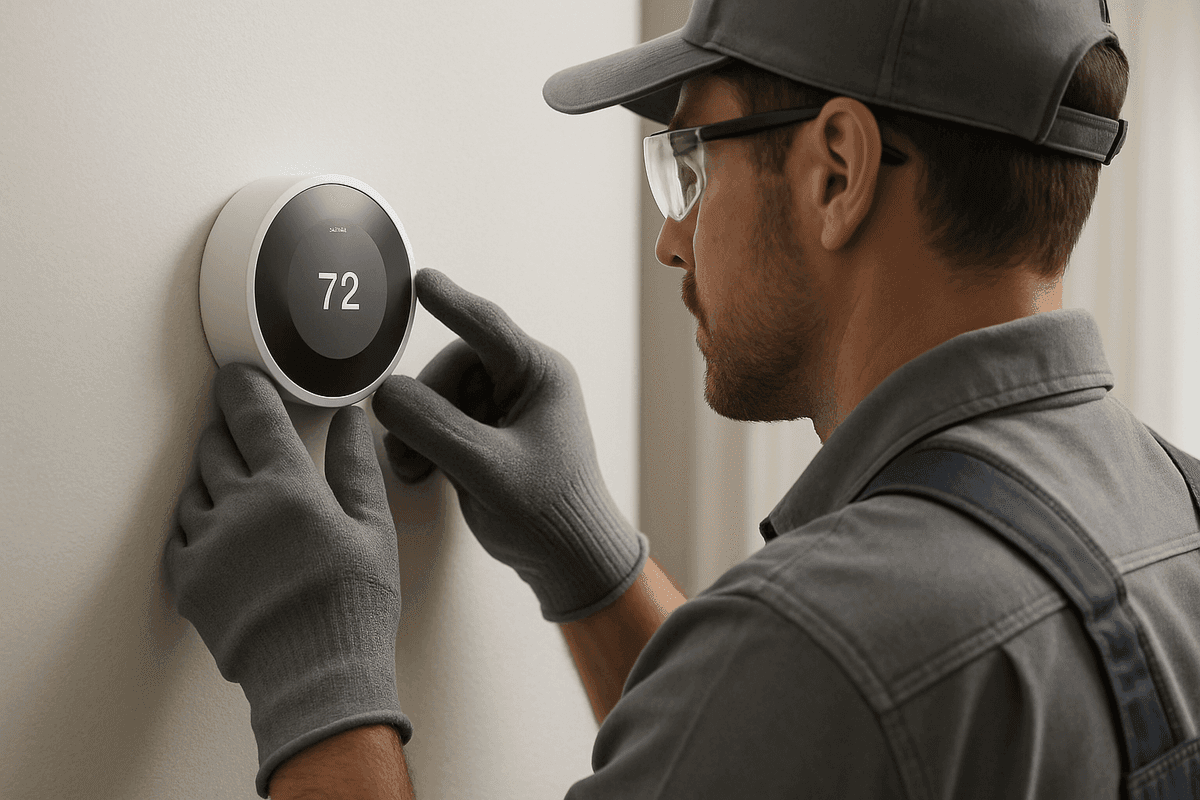 Close-up of gloved hands adjusting thermostat on clean residential wall with soft lighting